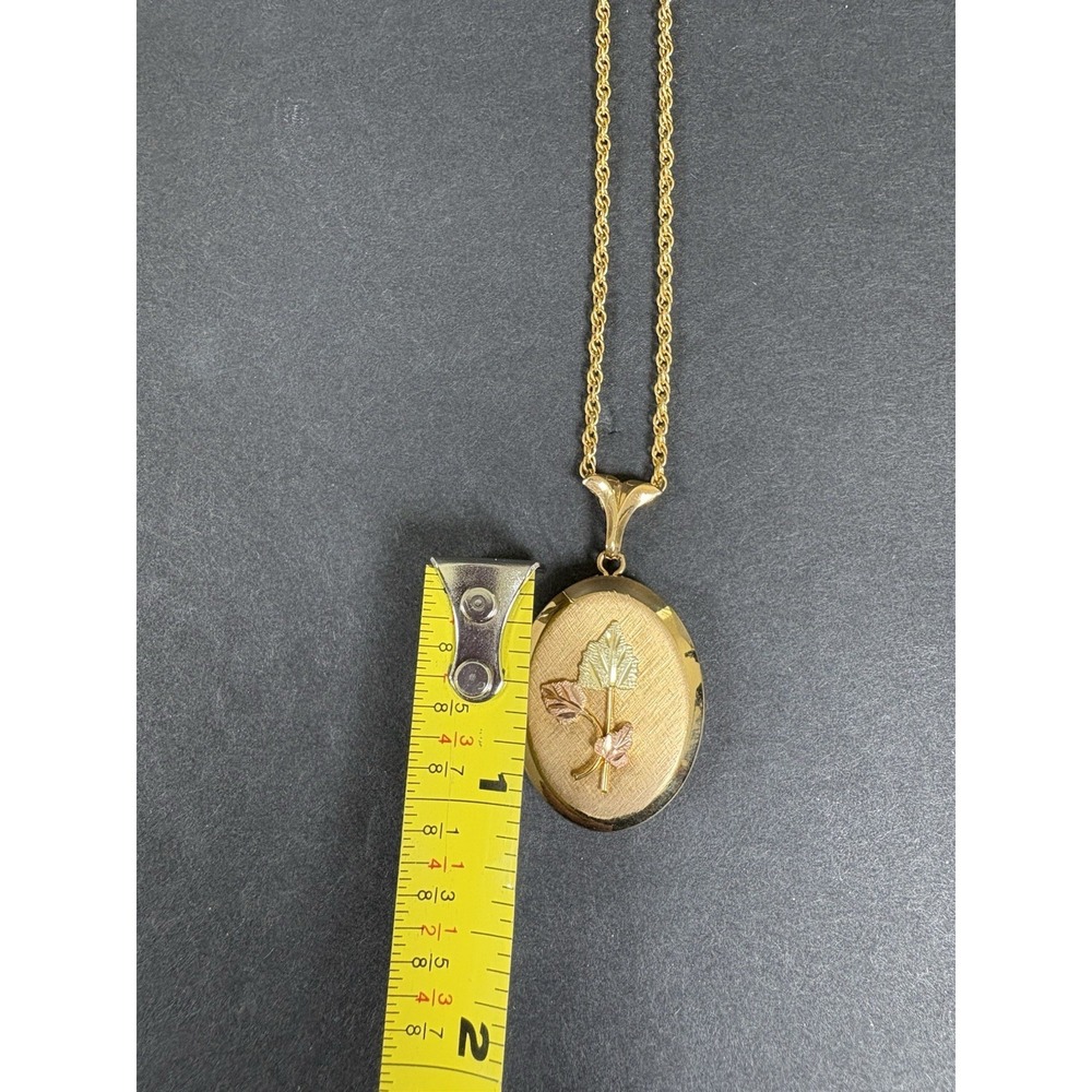 Vintage Oval Locket Necklace 10K Gold Trim Tri Color Leaf Photo Pendant - Picture 6 of 9
